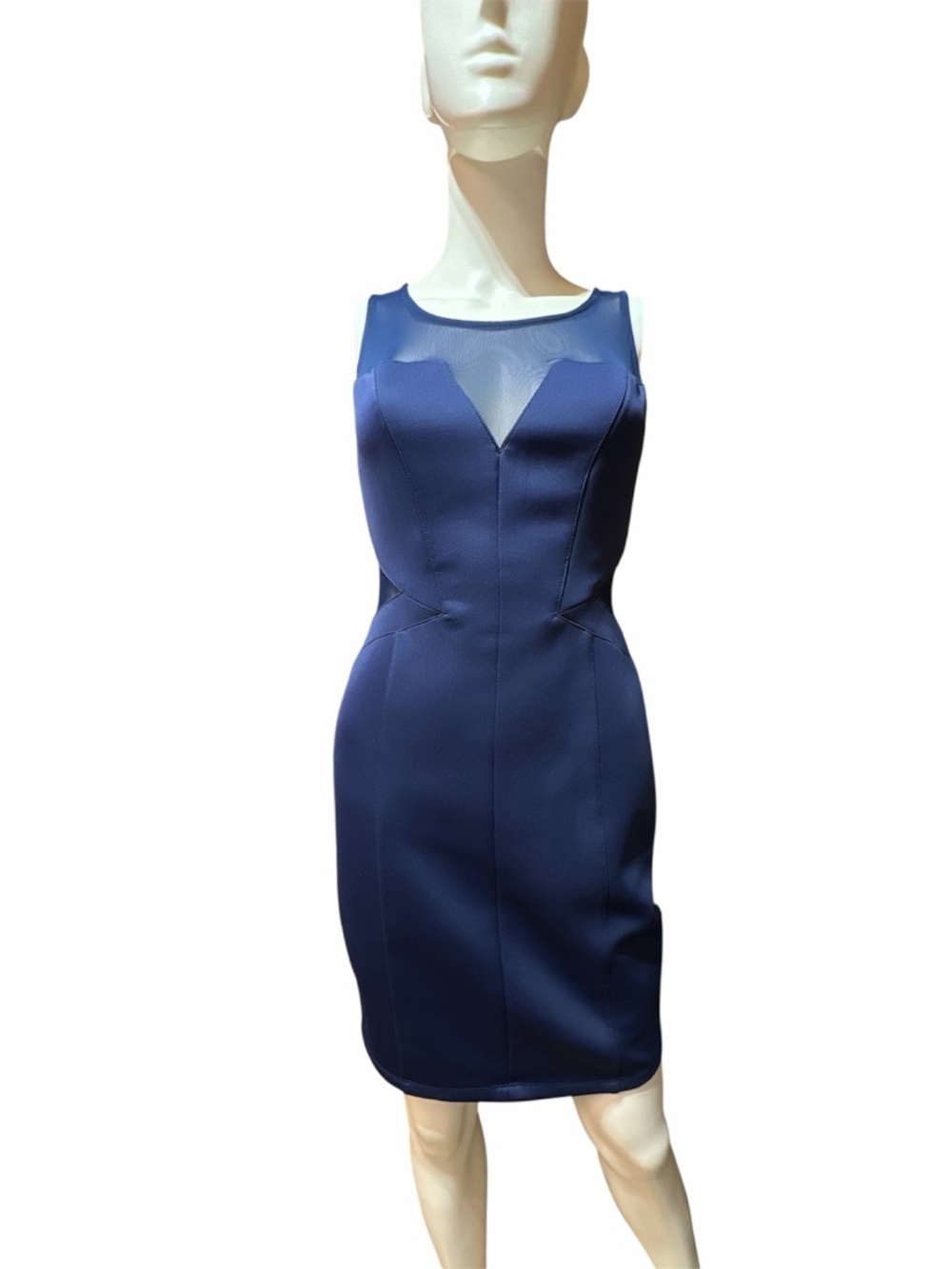 Classic Navy Sheath Dress with Illusion Mesh